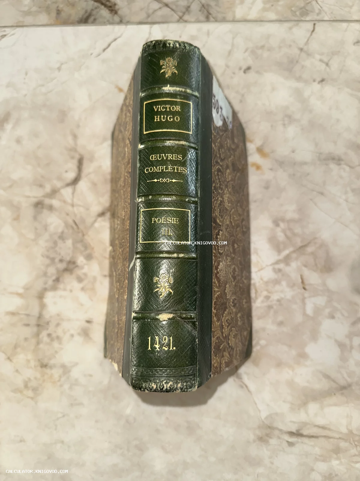 Корешок старинной книги Виктора Гюго 'Poésie III' в темно-зеленом кожаном переплете с золотым тиснением на мраморном фоне.