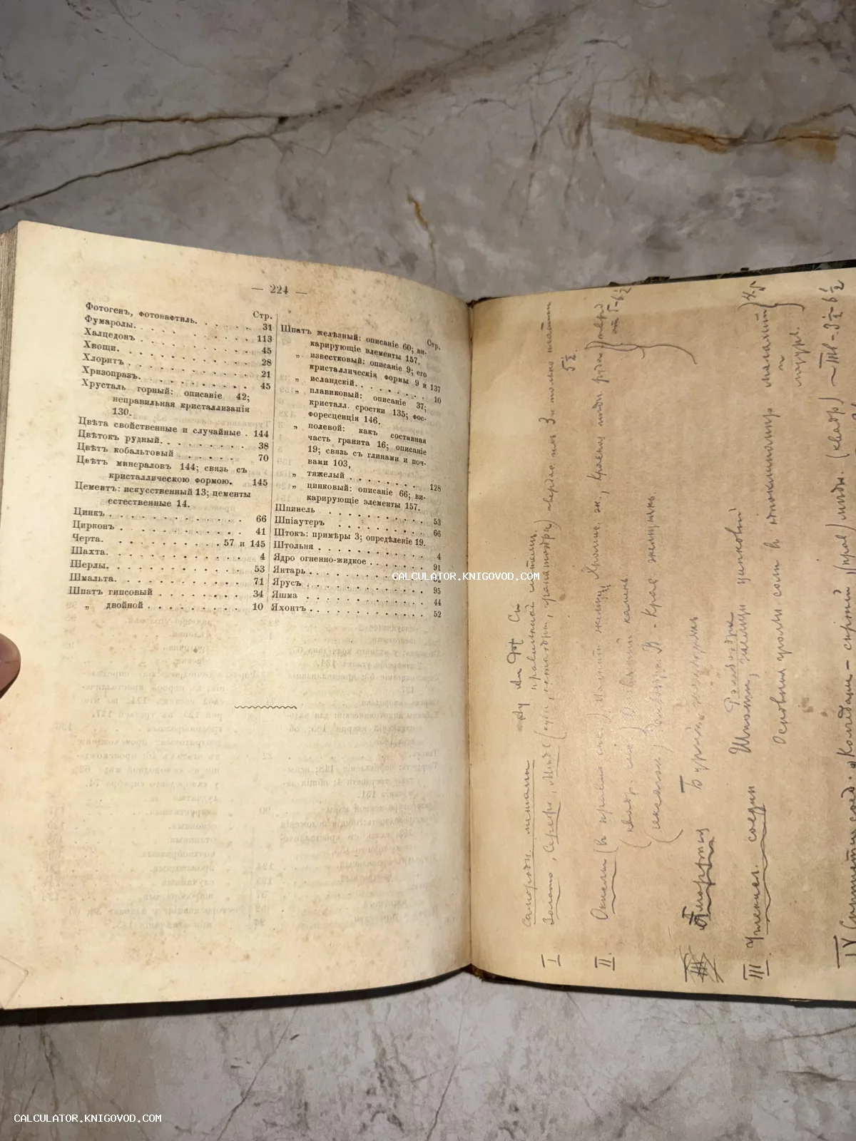 Разворот старинной книги с печатным указателем минералов и обширными рукописными заметками чернилами на форзаце.