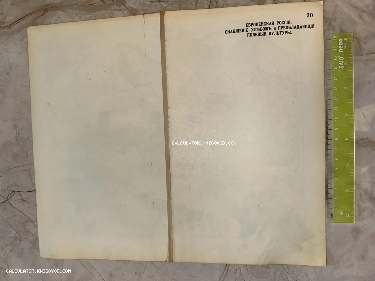 Обратная сторона старинного печатного листа с заголовком о сельском хозяйстве Европейской России и измерительной линейкой рядом.