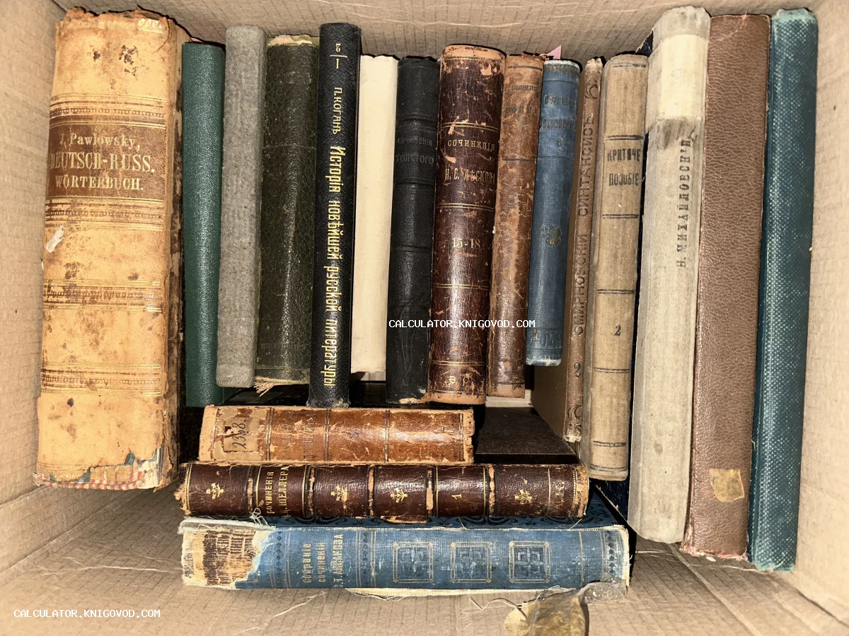 Коллекция старинных книг с потертыми корешками в картонной коробке, включая труды Толстого, Лескова и немецко-русский словарь.
