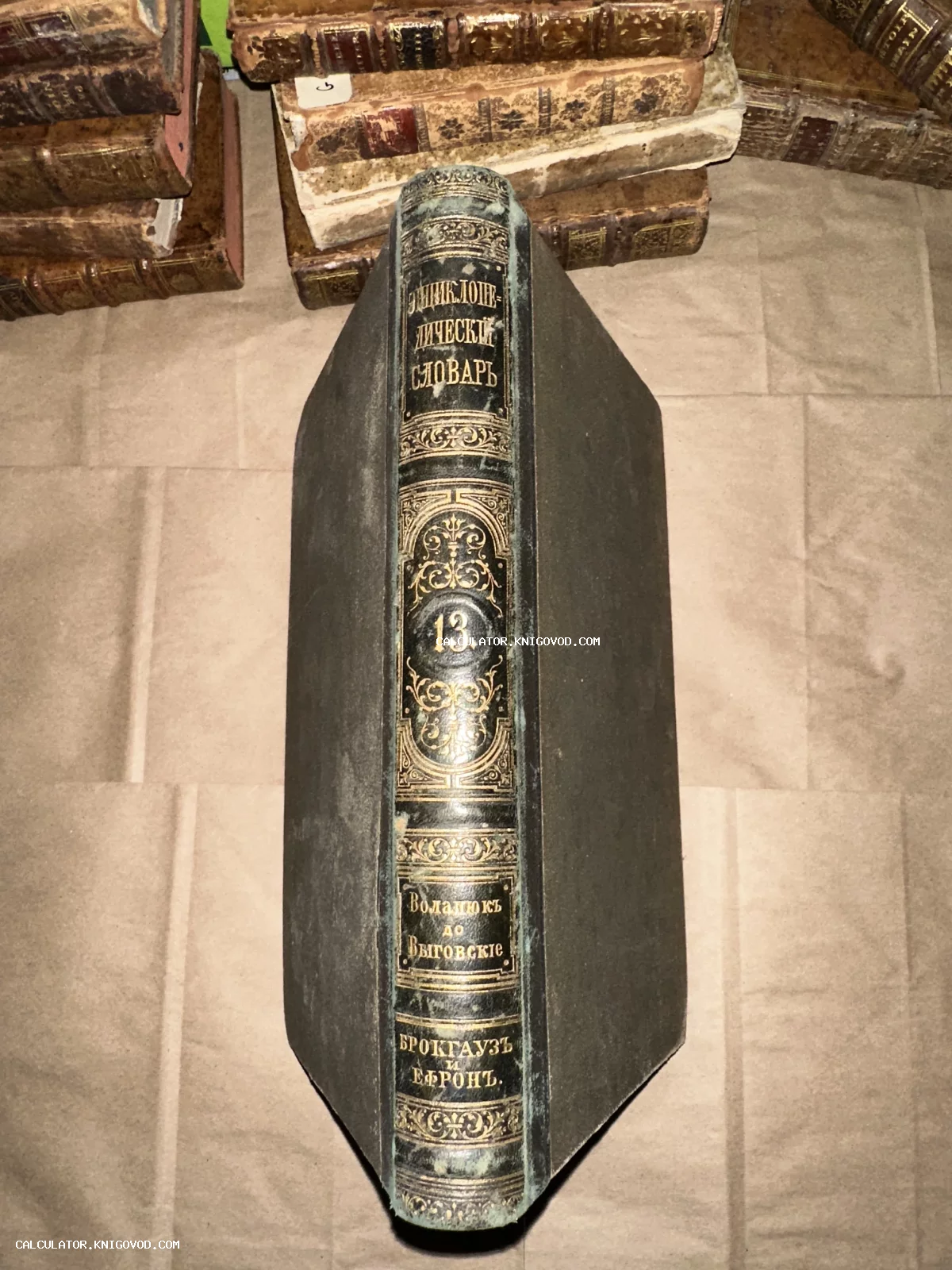 Корешок антикварного тома Энциклопедического словаря Брокгауза и Ефрона с золотым тиснением на фоне стопки старинных книг.