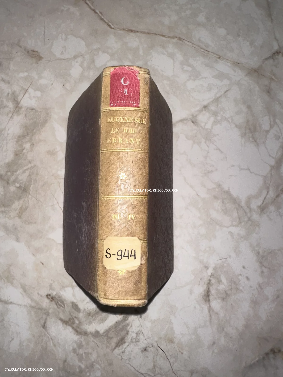 Корешок старинной книги с золотым тиснением «Eugene Sue - Le Juif Errant» на фоне мраморной поверхности.