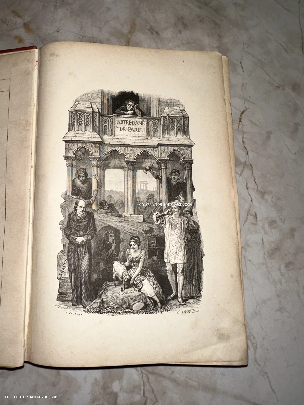 Старинная книжная гравюра с изображением персонажей романа Виктора Гюго «Собор Парижской Богоматери», включая Эсмеральду с козочкой и Квазимодо.