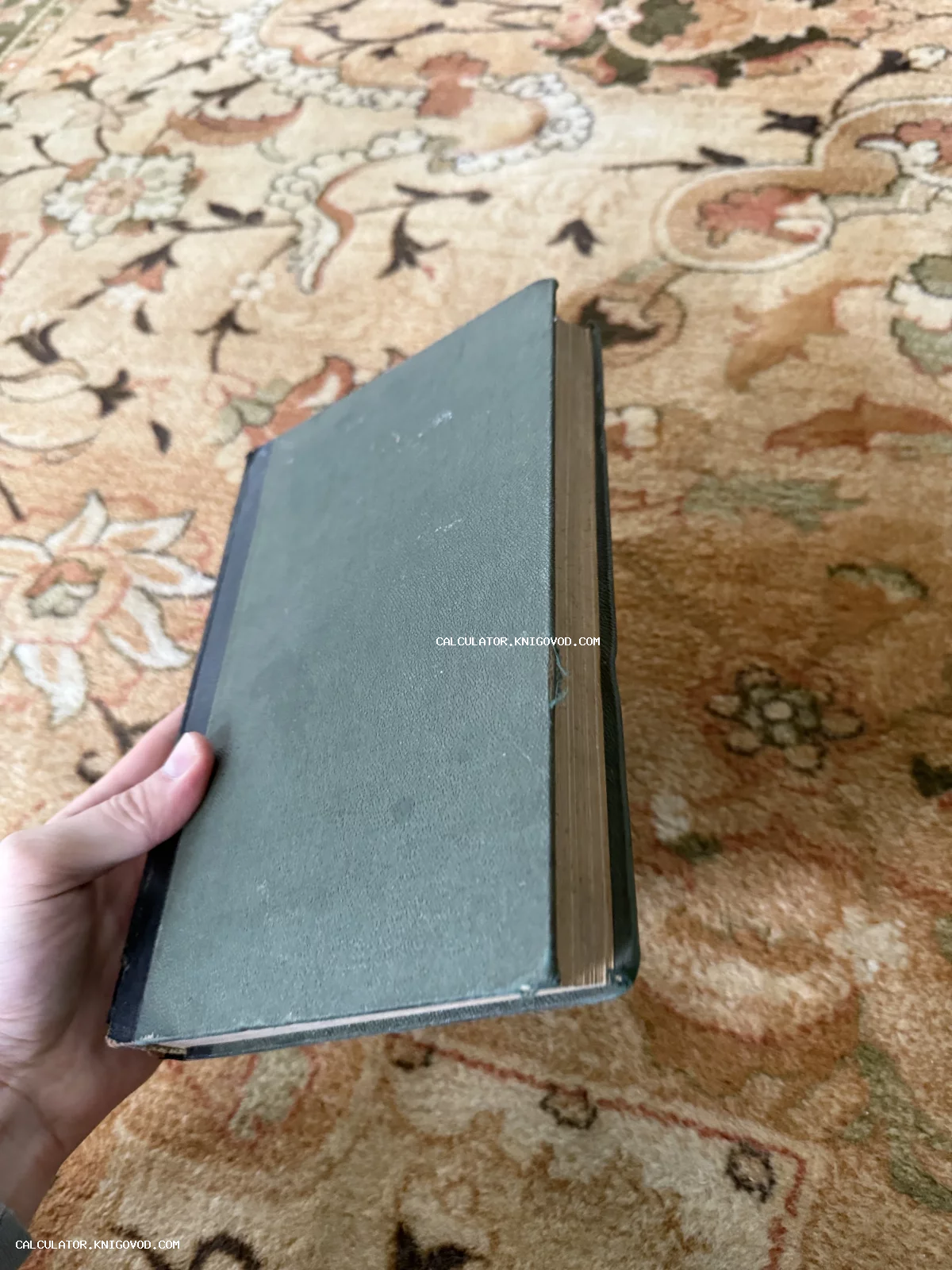 Старинная книга с темно-зеленой обложкой и пожелтевшими от времени страницами на фоне узорчатого ковра.