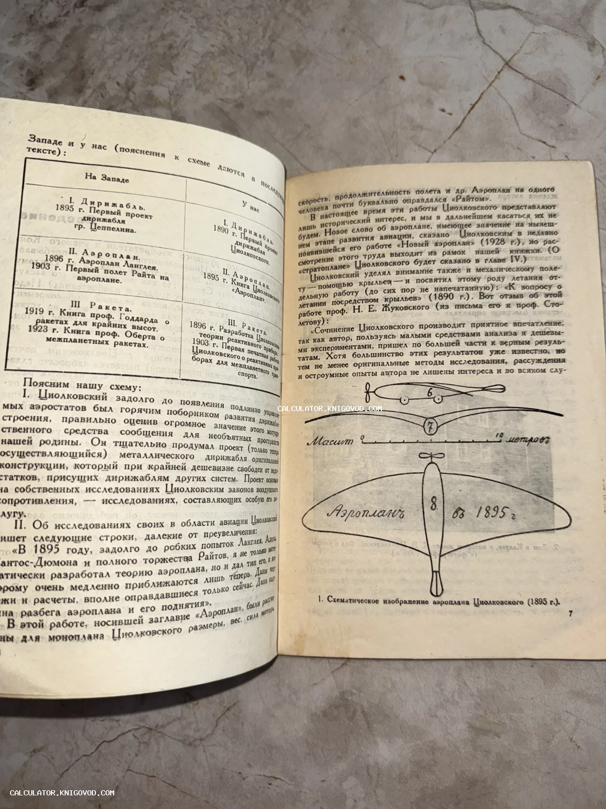 Разворот старинной книги с чертежом аэроплана 1895 года и текстом о работах Циолковского.
