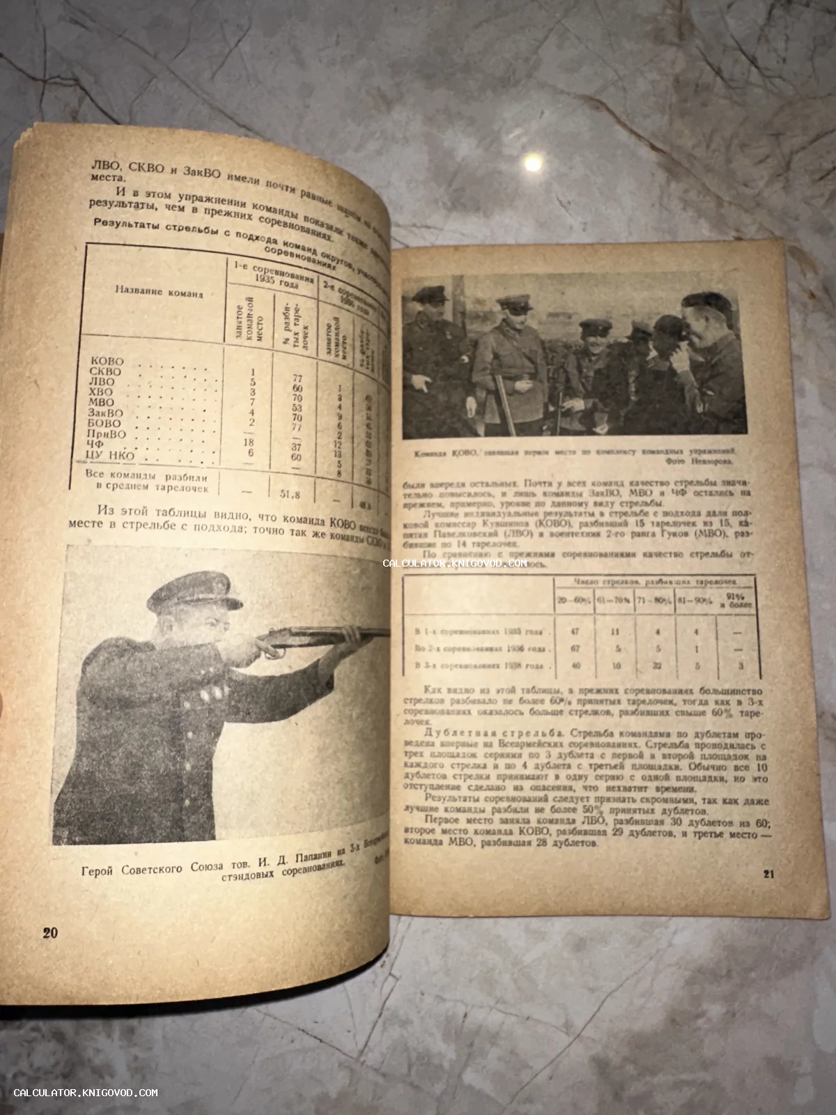 Разворот старой советской книги с фотографиями военных и таблицами результатов соревнований по стрельбе, упоминается И. Д. Папанин.