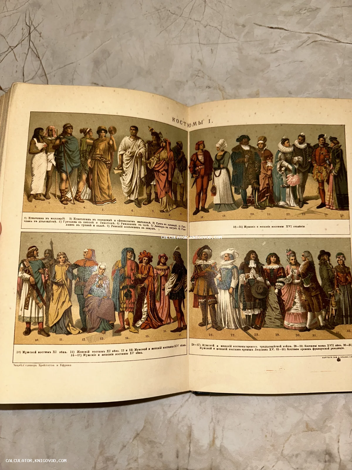 Разворот антикварной книги с цветными литографиями исторических костюмов разных эпох и народов.