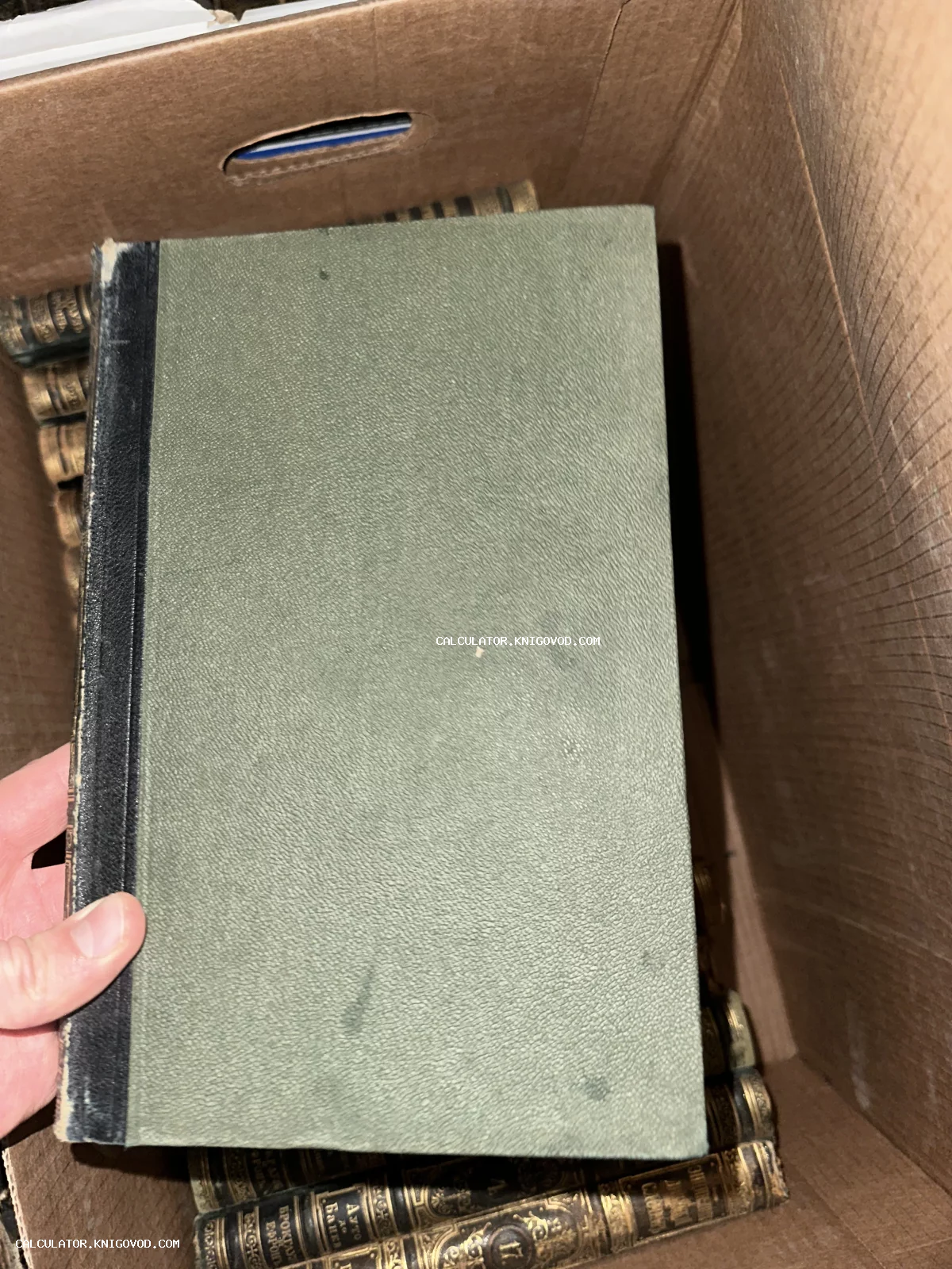 Рука держит старинную книгу с зеленой обложкой и черным корешком над коробкой с антикварными изданиями, включая тома словаря Брокгауза и Ефрона.