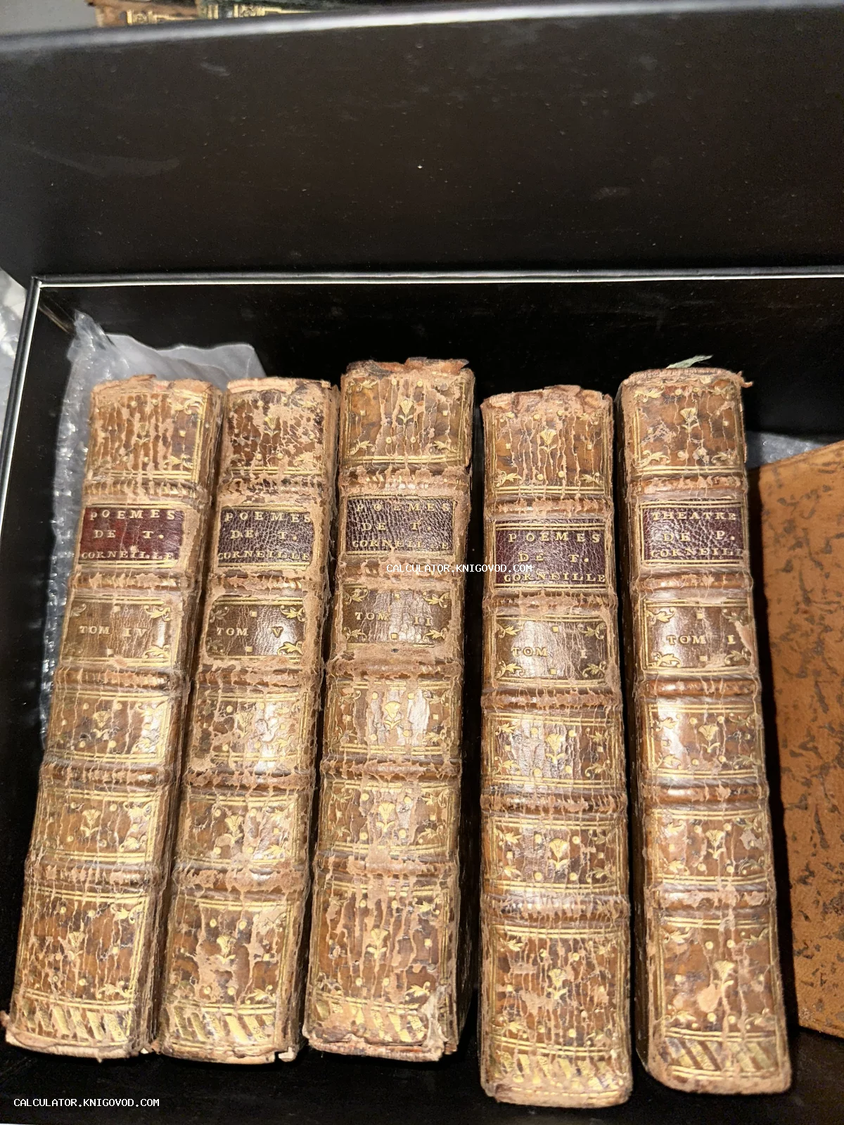 Пять корешков антикварных книг в потрёпанных кожаных переплетах с золотым тиснением, лежащих в коробке.