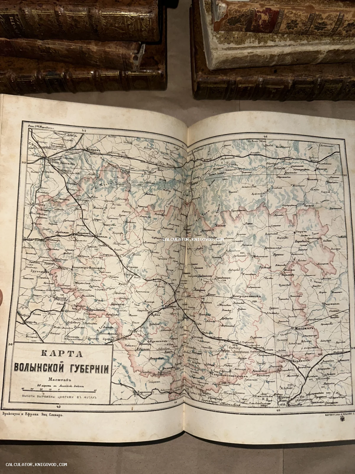 Разворот антикварной книги с подробной литографированной картой Волынской губернии на русском языке.
