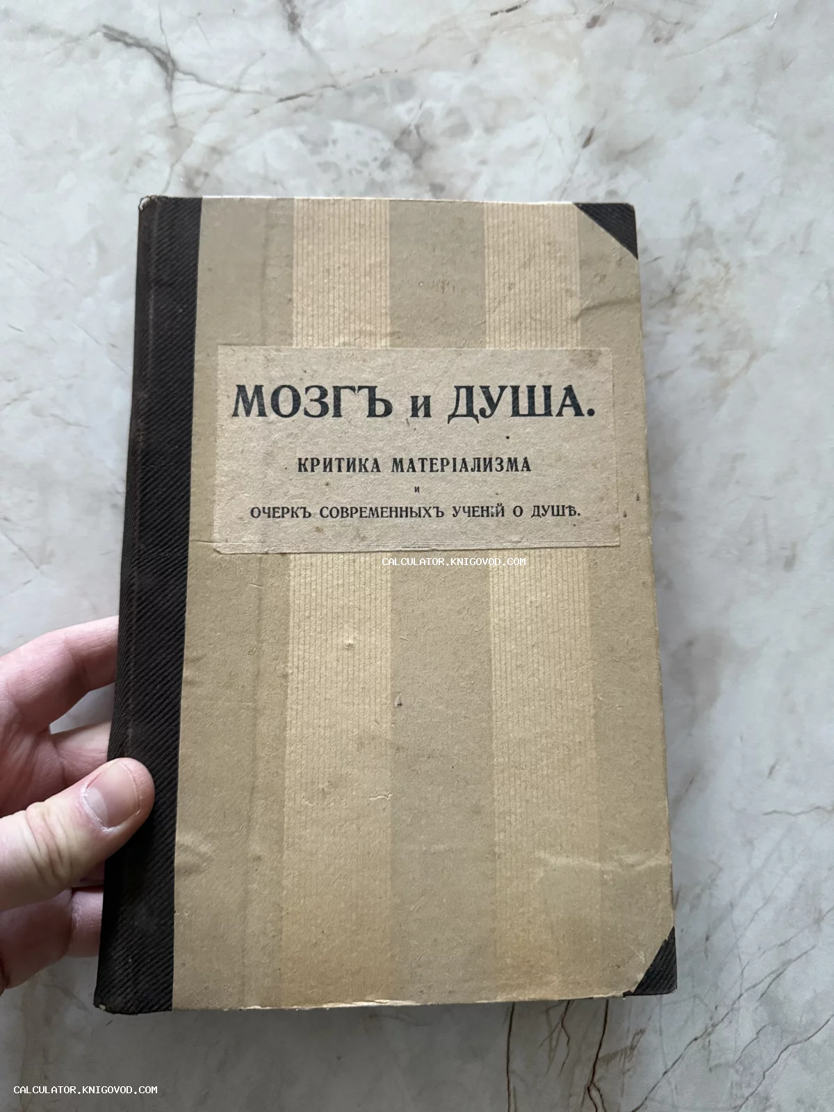 Старинная книга в твердом переплете с названием Мозг и душа. Критика материализма и очерк современных учений о душе, напечатанная в дореволюционной орфографии.