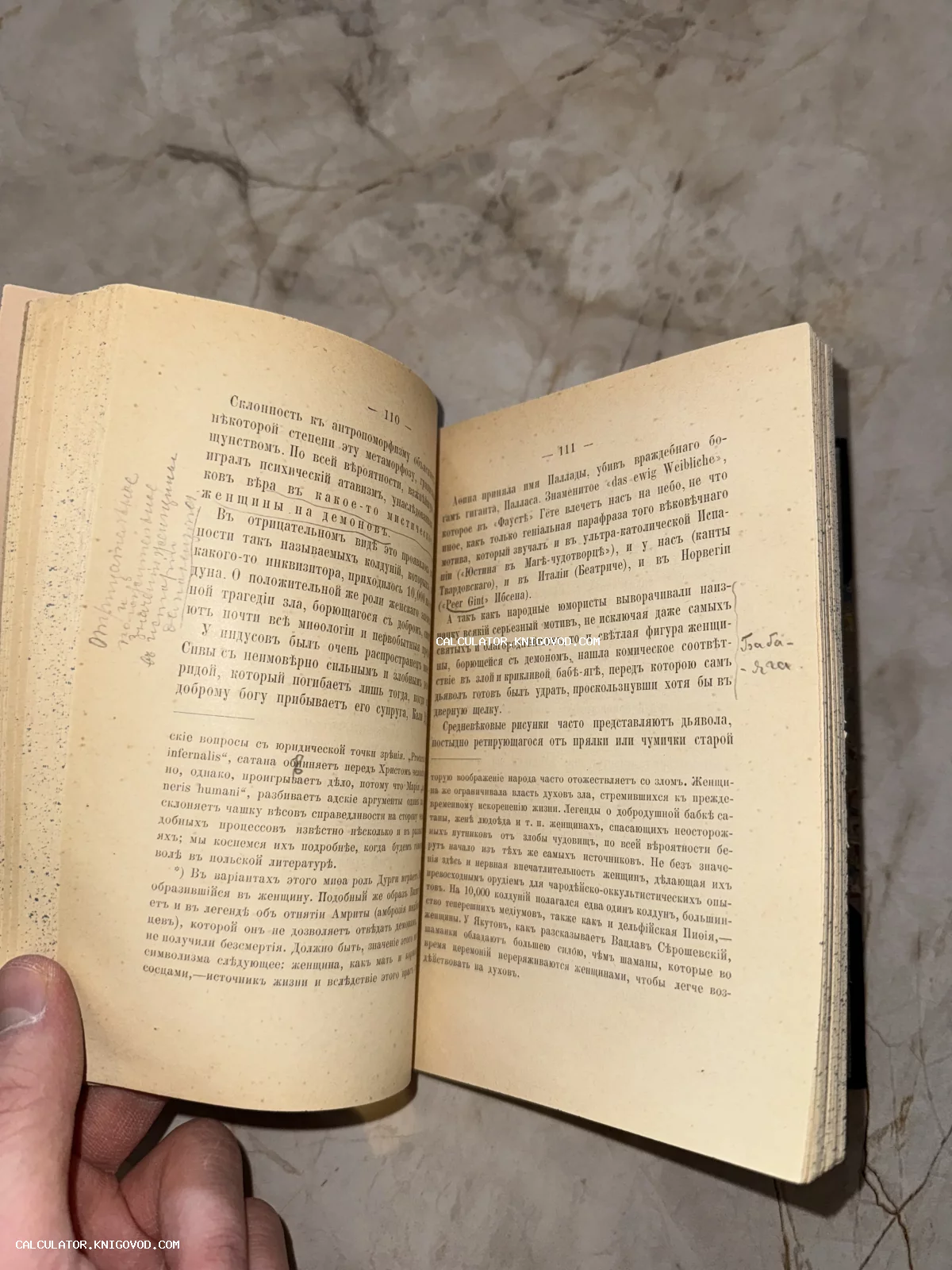 Разворот старинной книги с текстом на дореволюционном русском языке и рукописными заметками на полях.