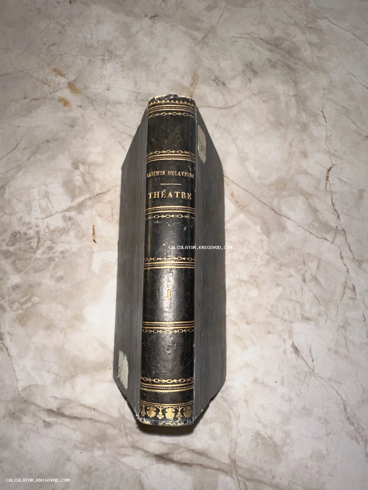 Корешок антикварной книги Казимира Делавиня «Théâtre» с золотым тиснением на темном кожаном переплете.