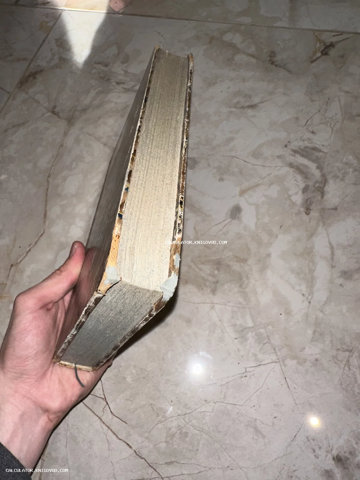 Мужская рука держит массивную антикварную книгу с пожелтевшим бумажным блоком и изношенными углами переплета.