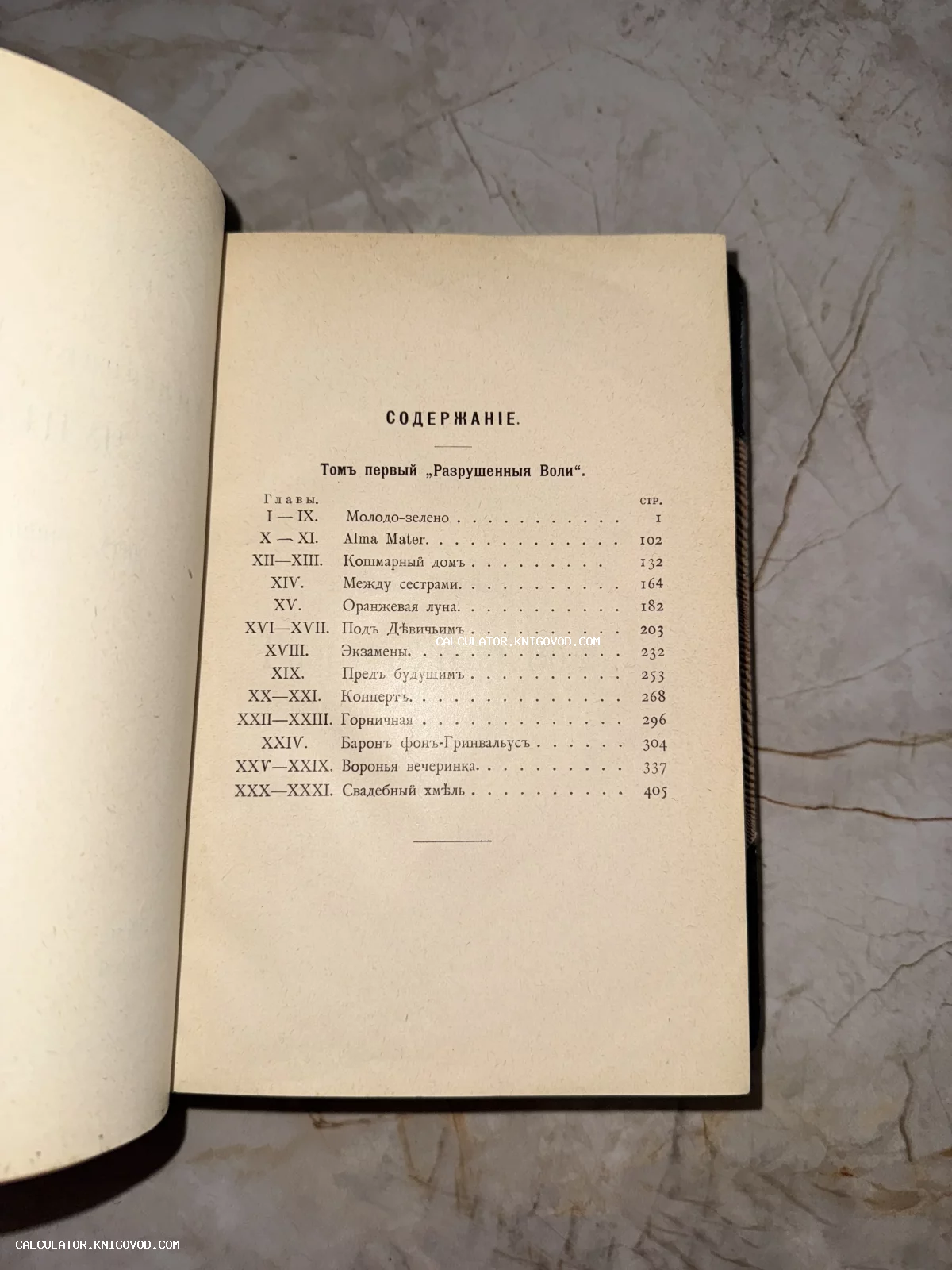 Фотография страницы содержания старинной книги с дореволюционным шрифтом и орфографией на слегка пожелтевшей бумаге.