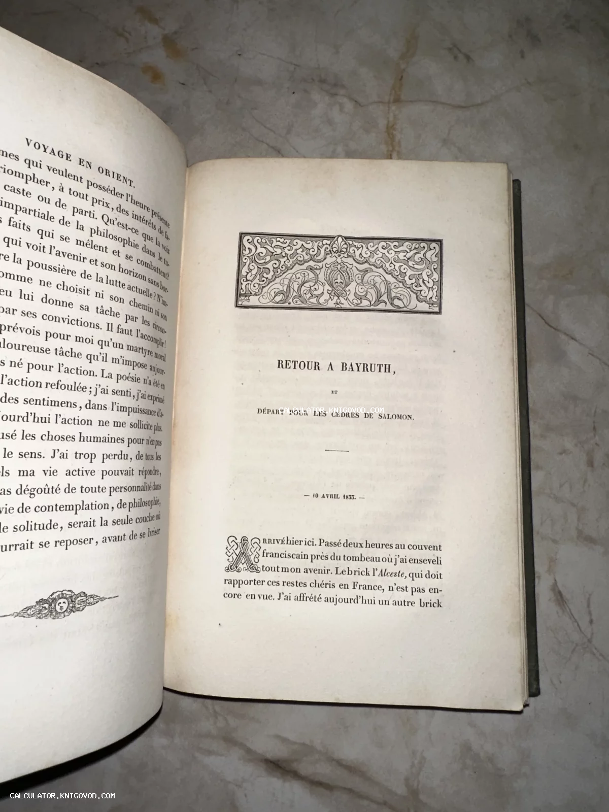 Разворот старинной книги на французском языке с заголовком Voyage en Orient и декоративными орнаментами.