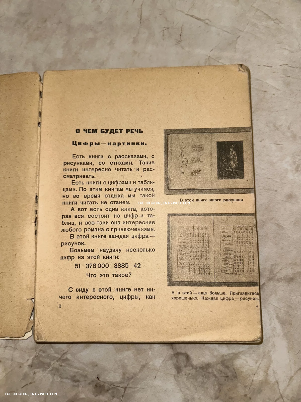 Пожелтевшая страница старой советской книги с заголовком «О чем будет речь» и черно-белыми иллюстрациями разворотов.