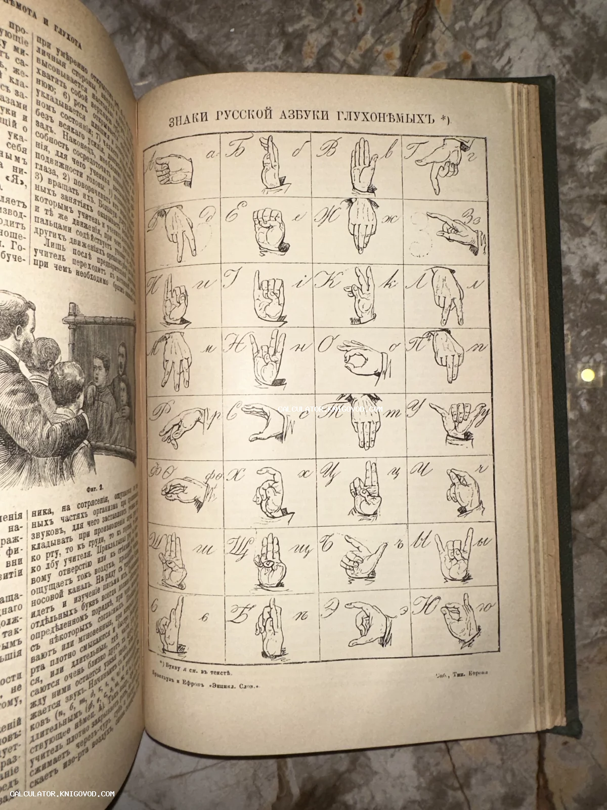 Разворот антикварной книги со старинной таблицей знаков русской азбуки для глухонемых, выполненной в виде гравированных иллюстраций рук.