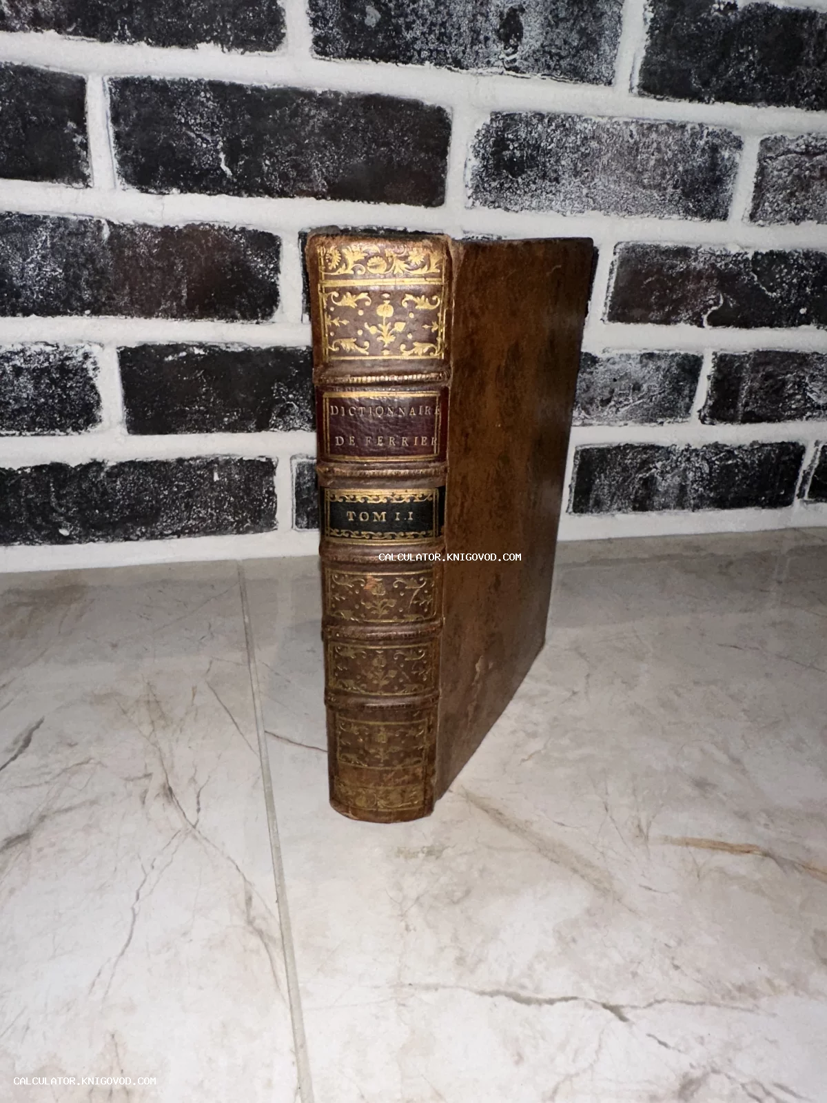 Старинная книга в коричневом кожаном переплете с золотым тиснением на корешке, надпись Dictionnaire de Ferriere.