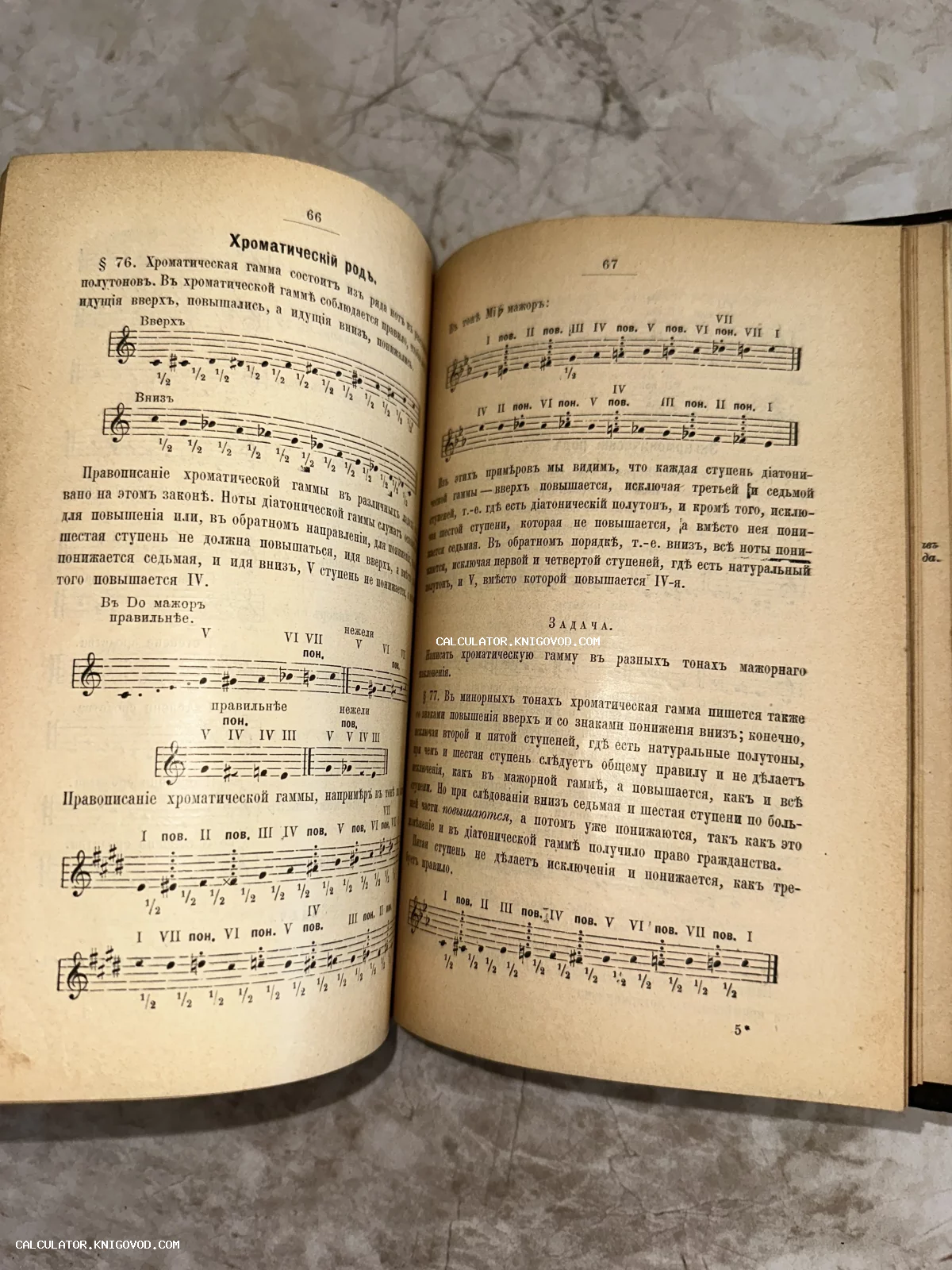 Разворот старинной книги с нотными знаками и пояснительным текстом на дореволюционном русском языке.