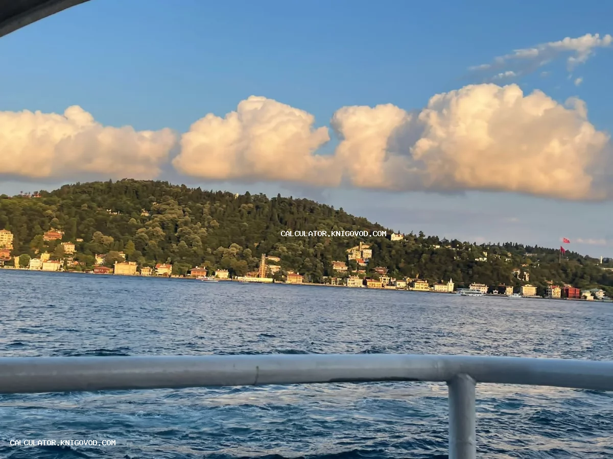 Вид с воды на побережье с историческими зданиями и зелеными холмами под пышными кучевыми облаками на закате.