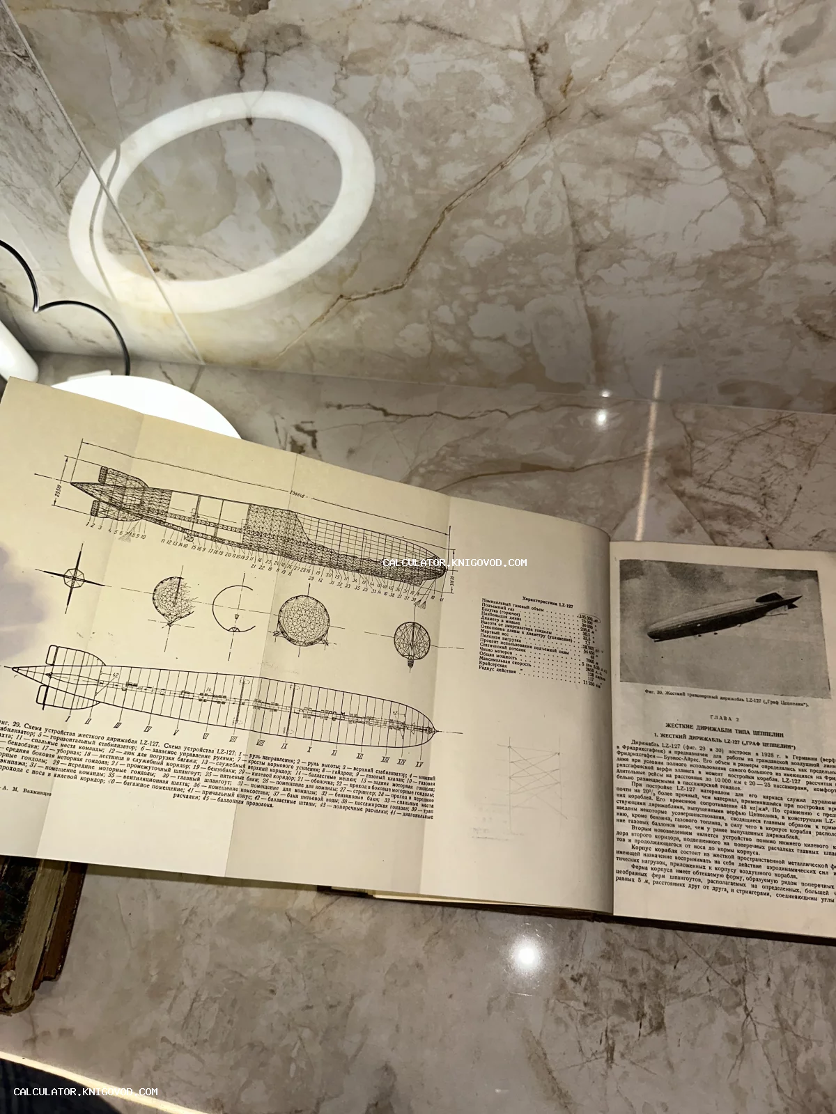 Разворот антикварной книги с детальным чертежом устройства и техническими характеристиками дирижабля Граф Цеппелин.