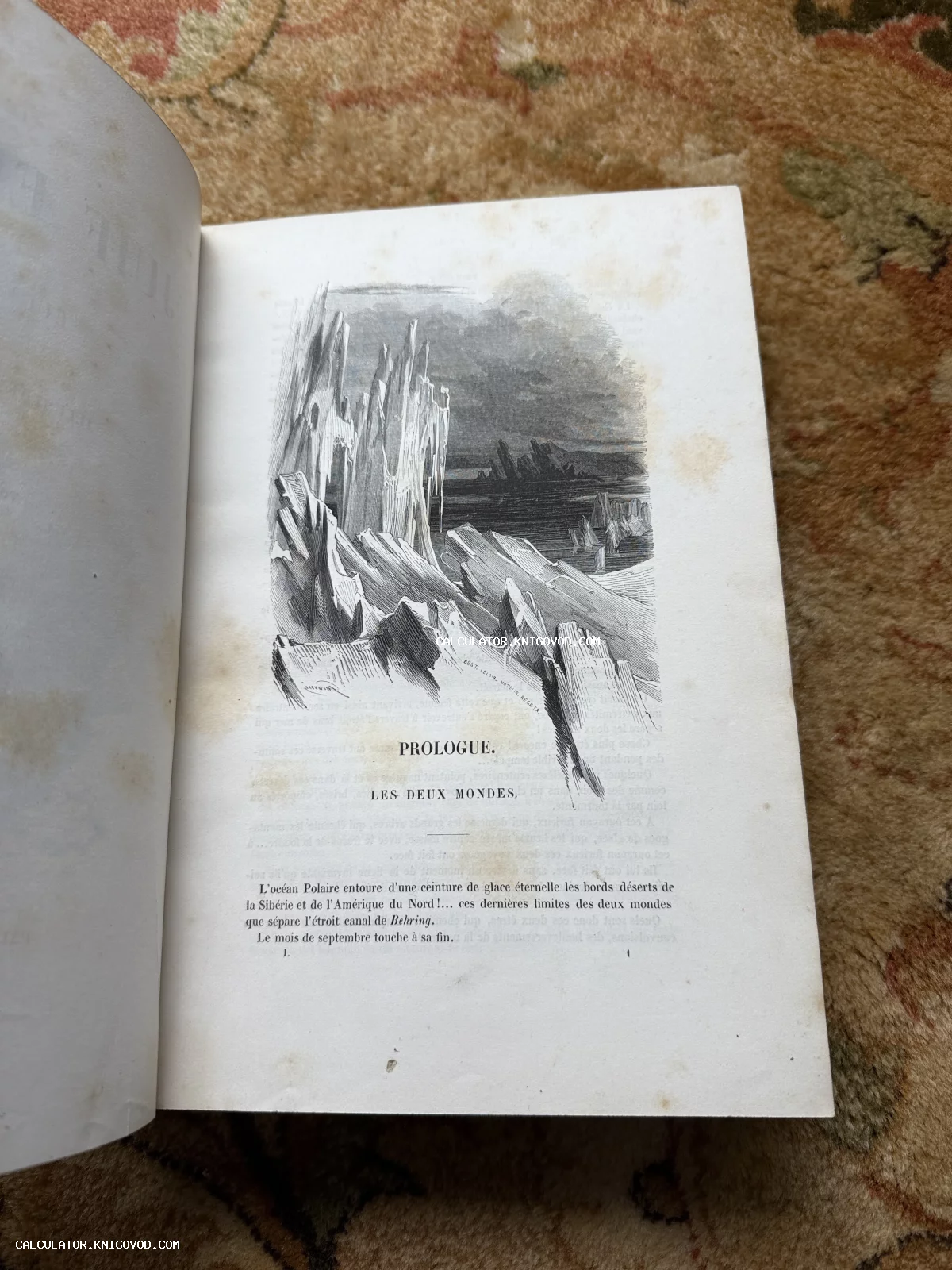 Разворот старинной книги с черно-белой гравюрой, изображающей величественные ледяные скалы и айсберги в Арктике.