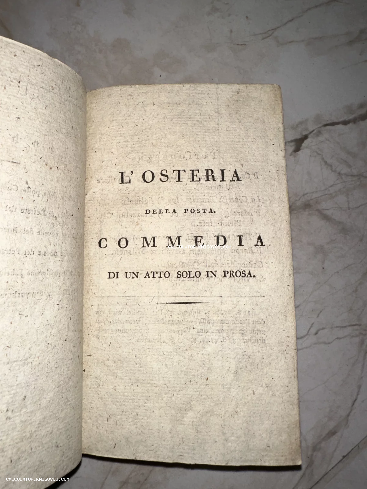 Титульный лист старинной книги на итальянском языке с текстом L'Osteria della Posta, Commedia di un atto solo in prosa.