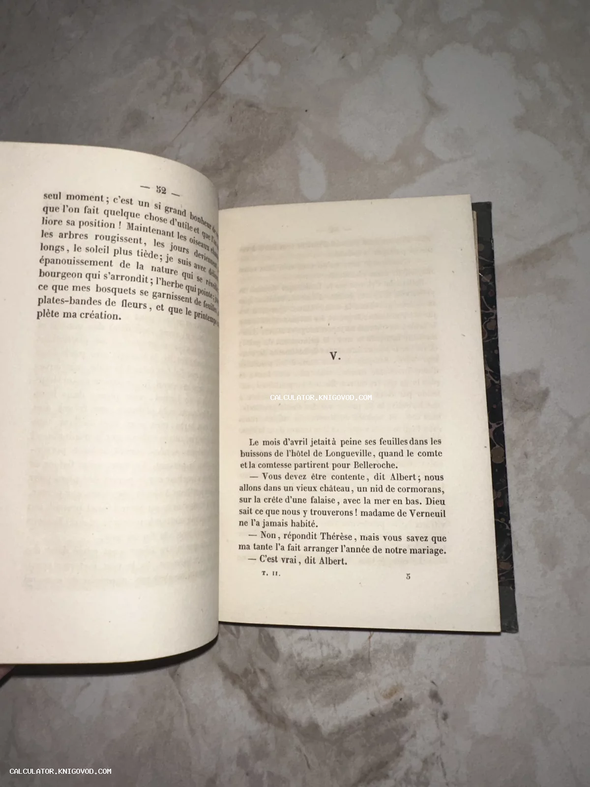 Разворот старинной книги с текстом на французском языке, страницами цвета слоновой кости и фрагментом мраморного переплета.