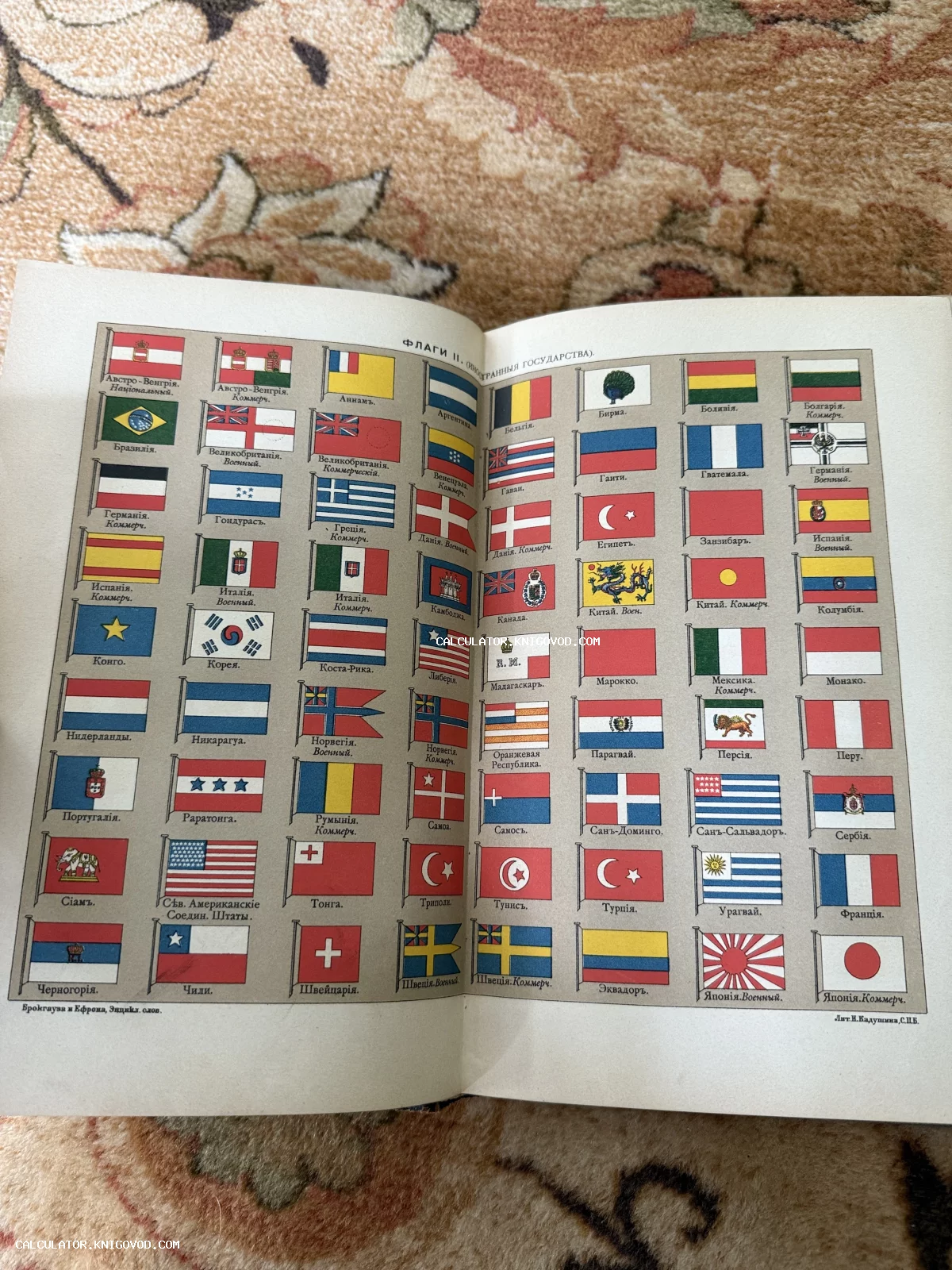Разворот старинной книги с цветной хромолитографией, изображающей флаги различных стран мира на начало XX века.