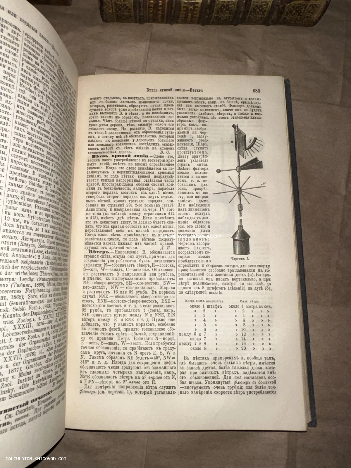 Разворот антикварной книги с текстом на дореволюционном русском языке и технической иллюстрацией флюгера на странице 683.