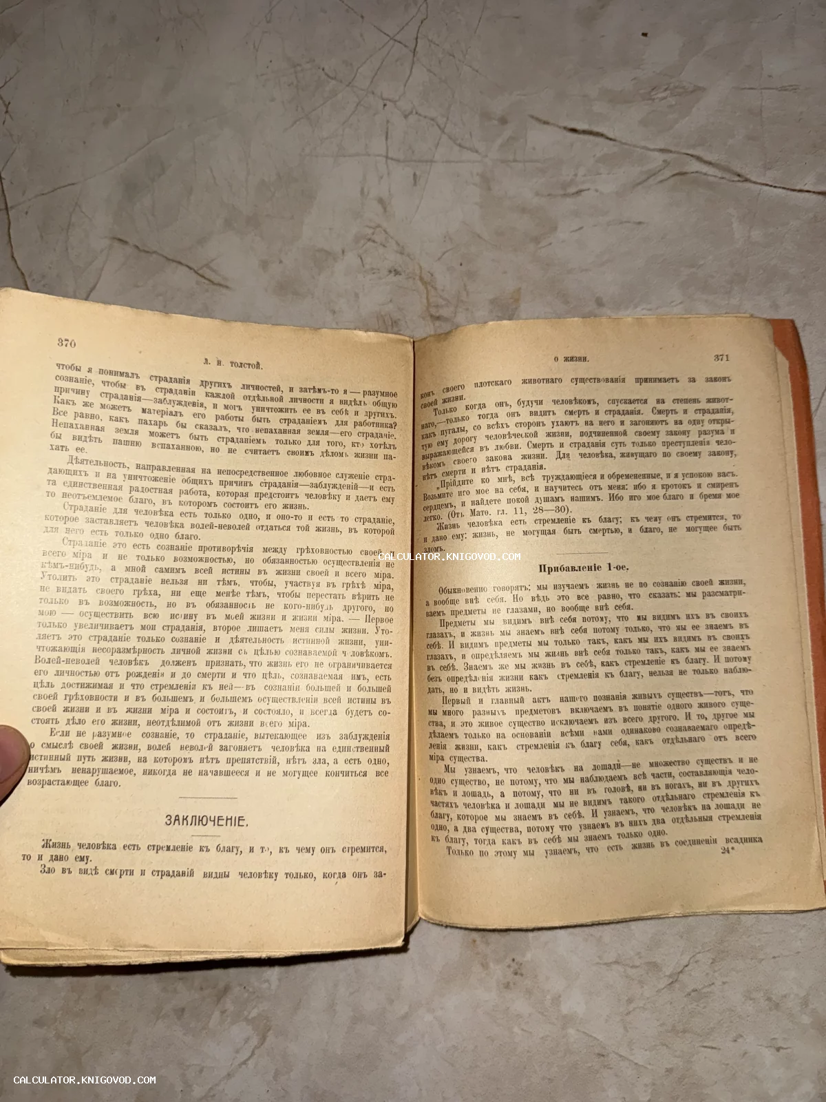 Разворот старинной книги с текстом Льва Толстого на дореволюционном русском языке, страницы 370 и 371.