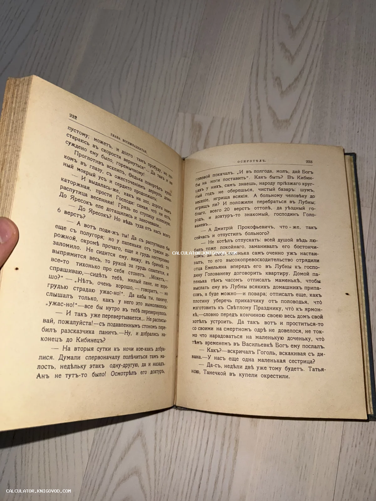 Открытая старинная книга с текстом на русском языке в дореволюционной орфографии на страницах 222 и 223.