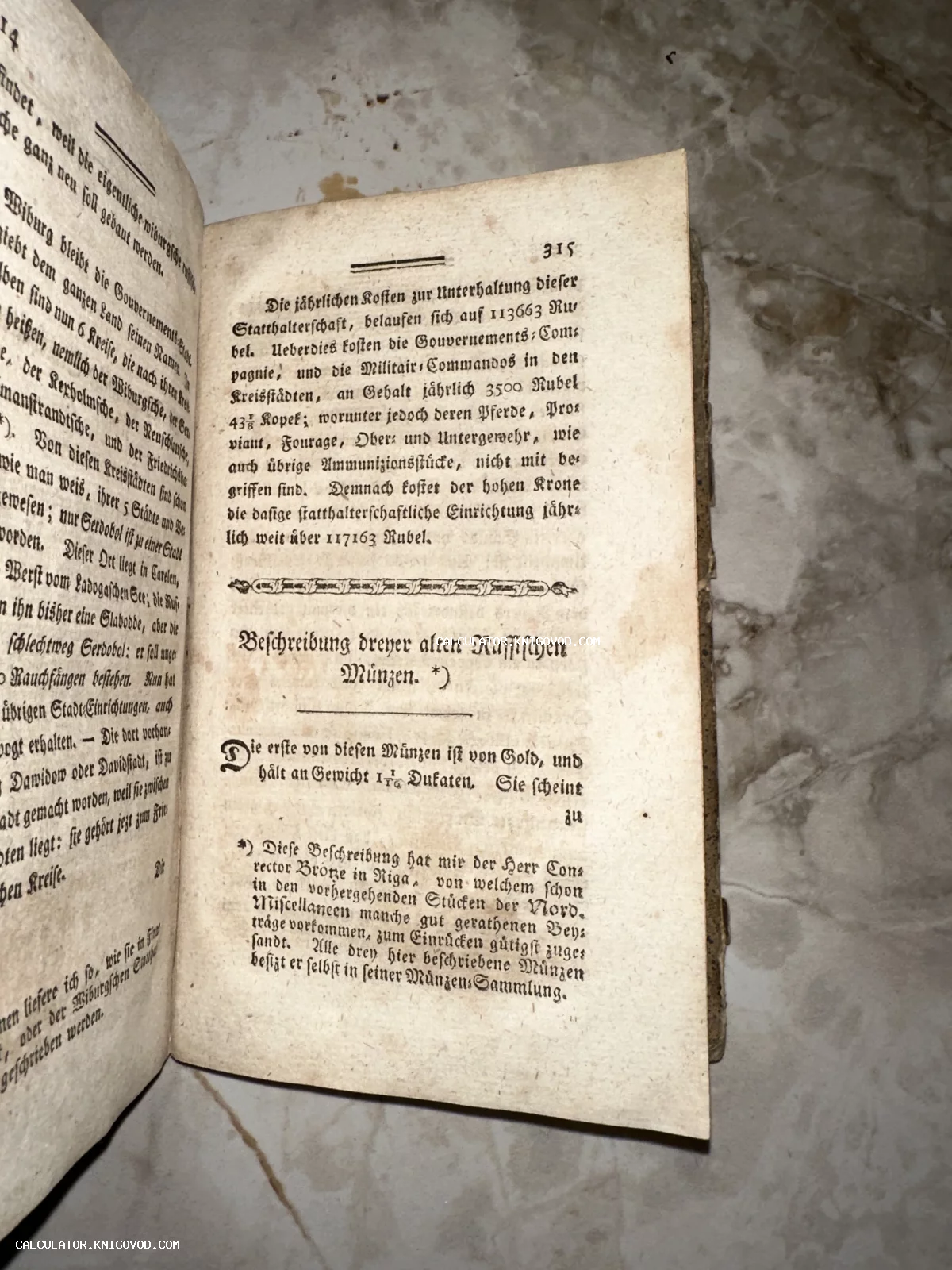 Разворот старинной книги с готическим шрифтом на немецком языке, описывающий российские монеты и расходы губернии.