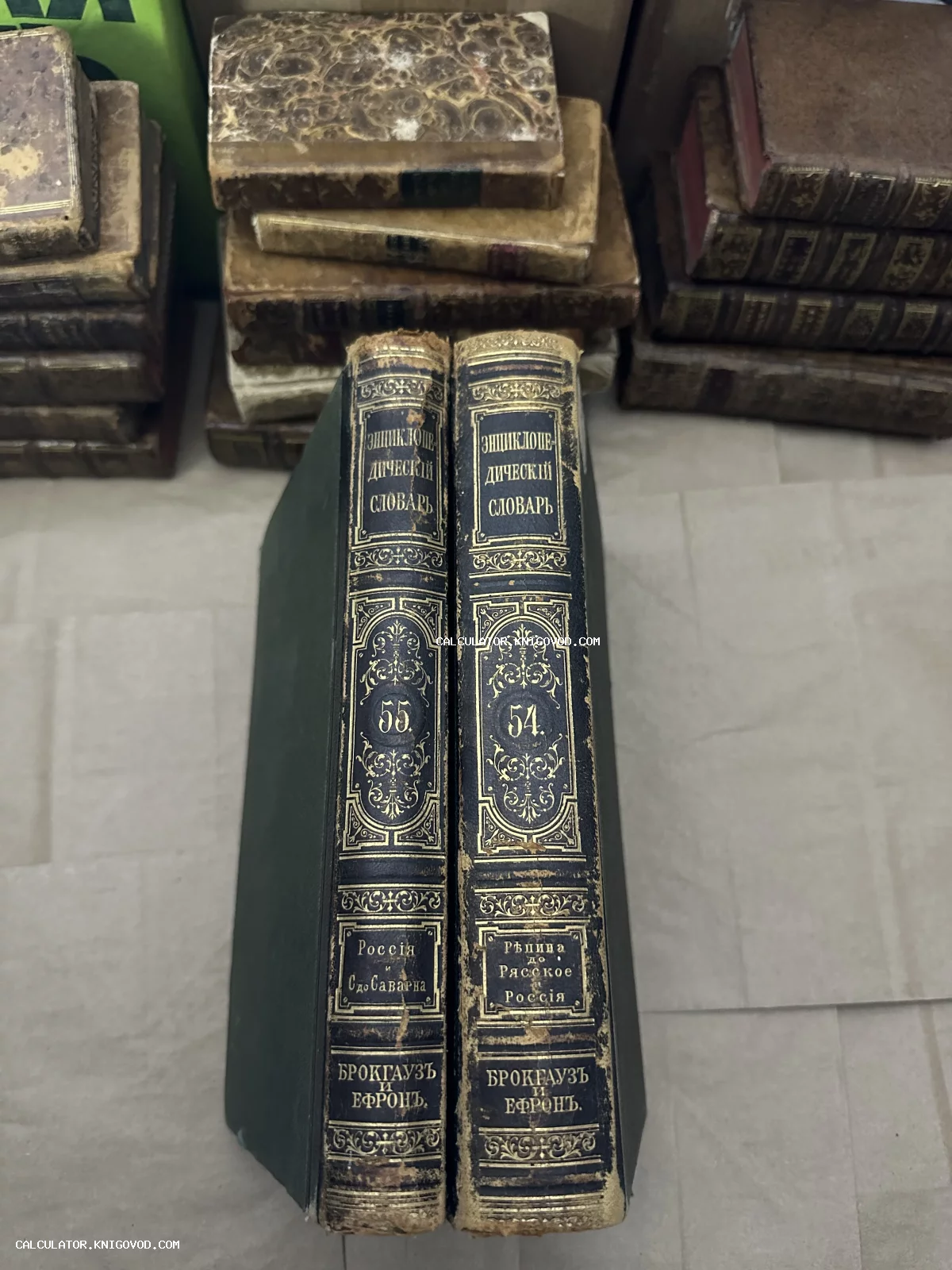 Два тома антикварного энциклопедического словаря Брокгауза и Ефрона с золотым тиснением на корешках на фоне других старых книг.