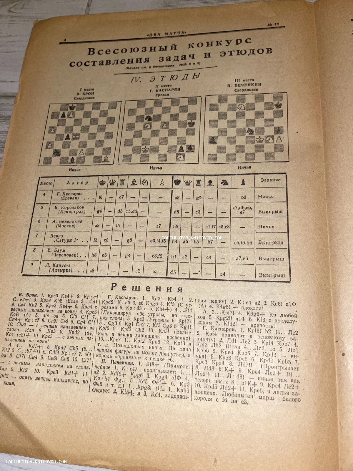 Старая печатная страница с шахматными диаграммами, таблицей результатов и текстовыми решениями этюдов.