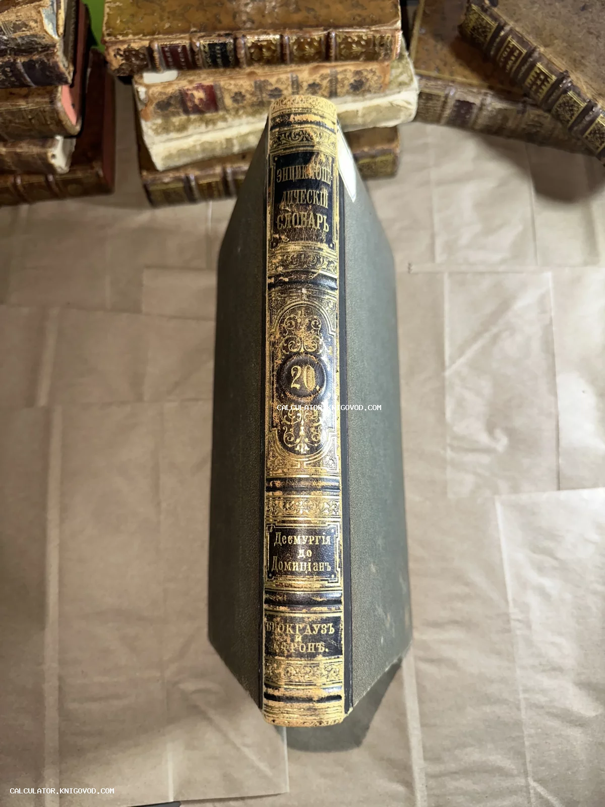 Корешок антикварного 20-го тома Энциклопедического словаря Брокгауза и Ефрона с золотым тиснением на фоне старинных книг.
