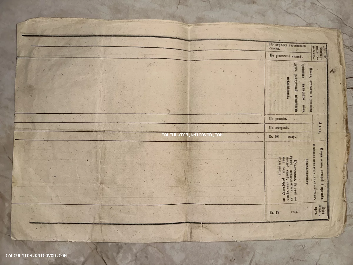 Антикварный типографский бланк для переписи населения Российской империи с графами для имен, возраста и ссылок на ревизские сказки.