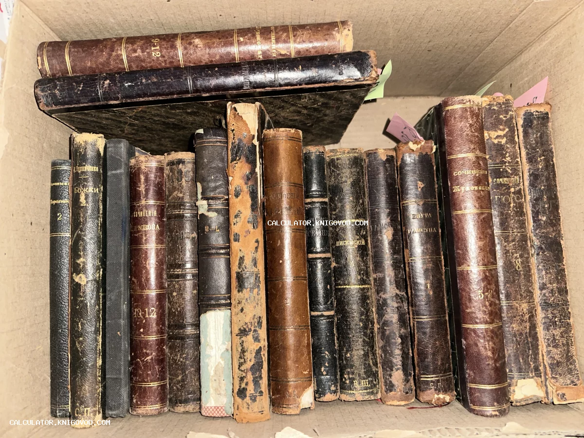 Старинные книги с потертыми кожаными корешками и золотым тиснением, сложенные в картонную коробку.