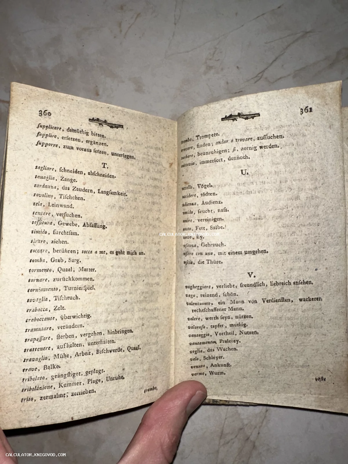 Разворот антикварной книги с колонками слов на итальянском и немецком языках, страницы 360 и 361, старинный шрифт.