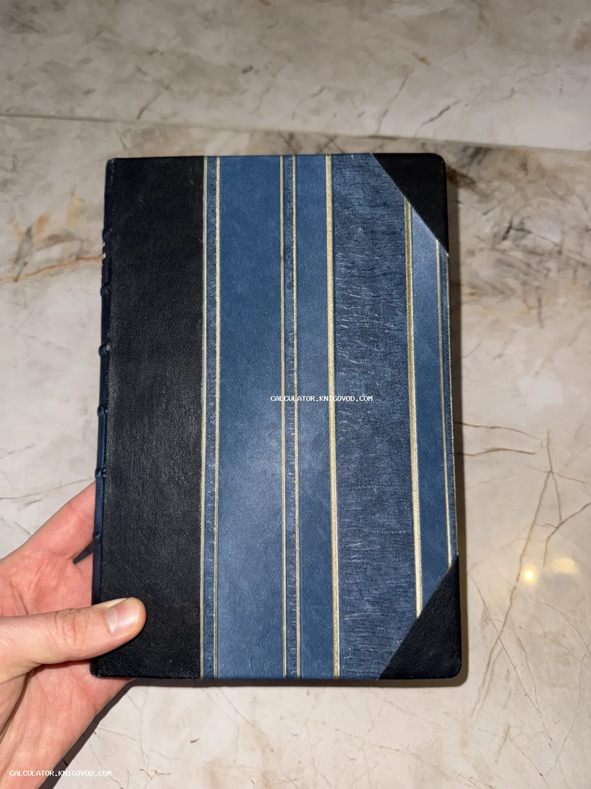 Старинная книга в сине-черном полукожаном переплете с вертикальными золотыми полосами на фоне мраморной поверхности.