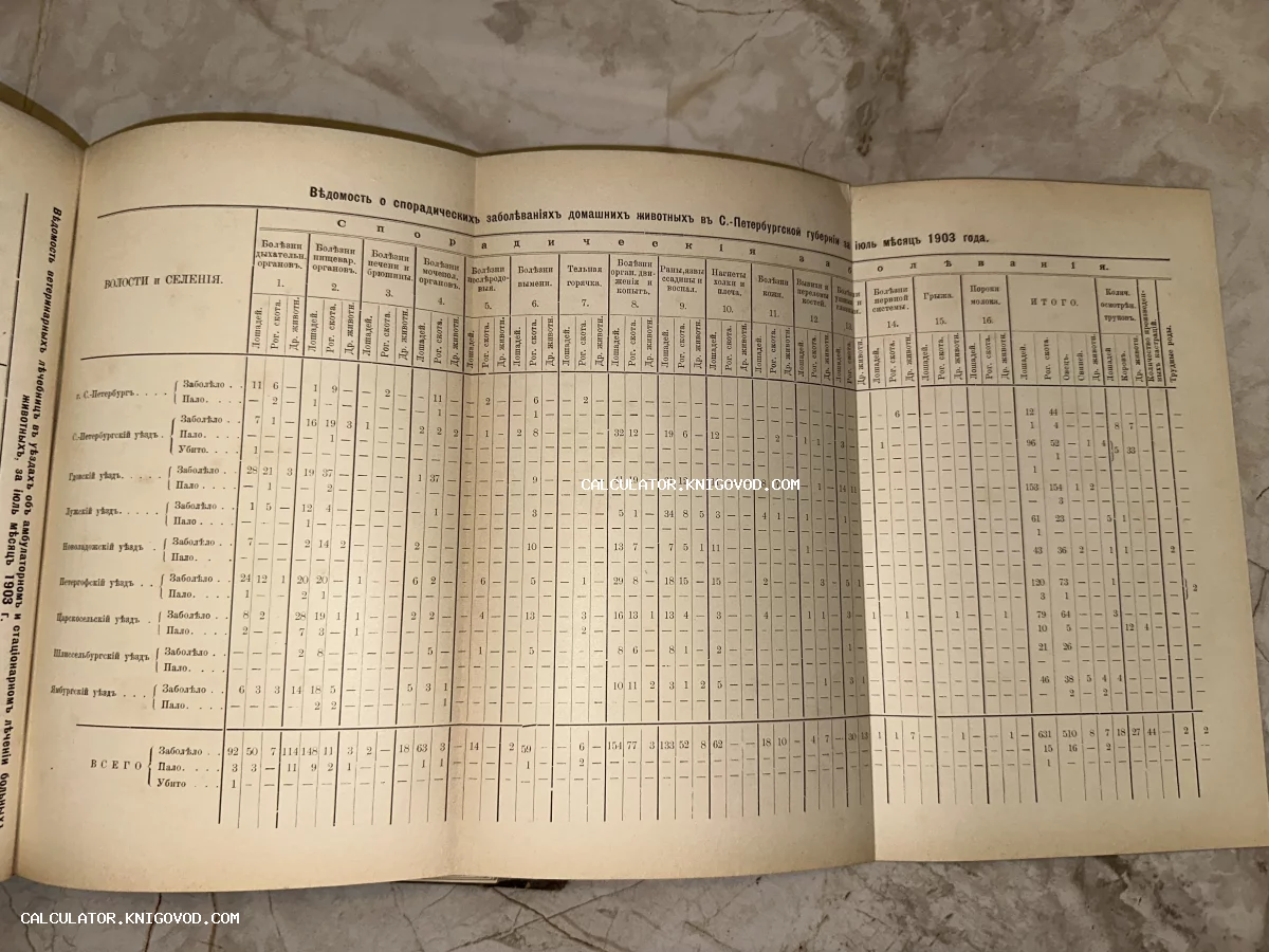 Страница из антикварного отчета с таблицей статистики заболеваний домашних животных в Санкт-Петербургской губернии за 1903 год.
