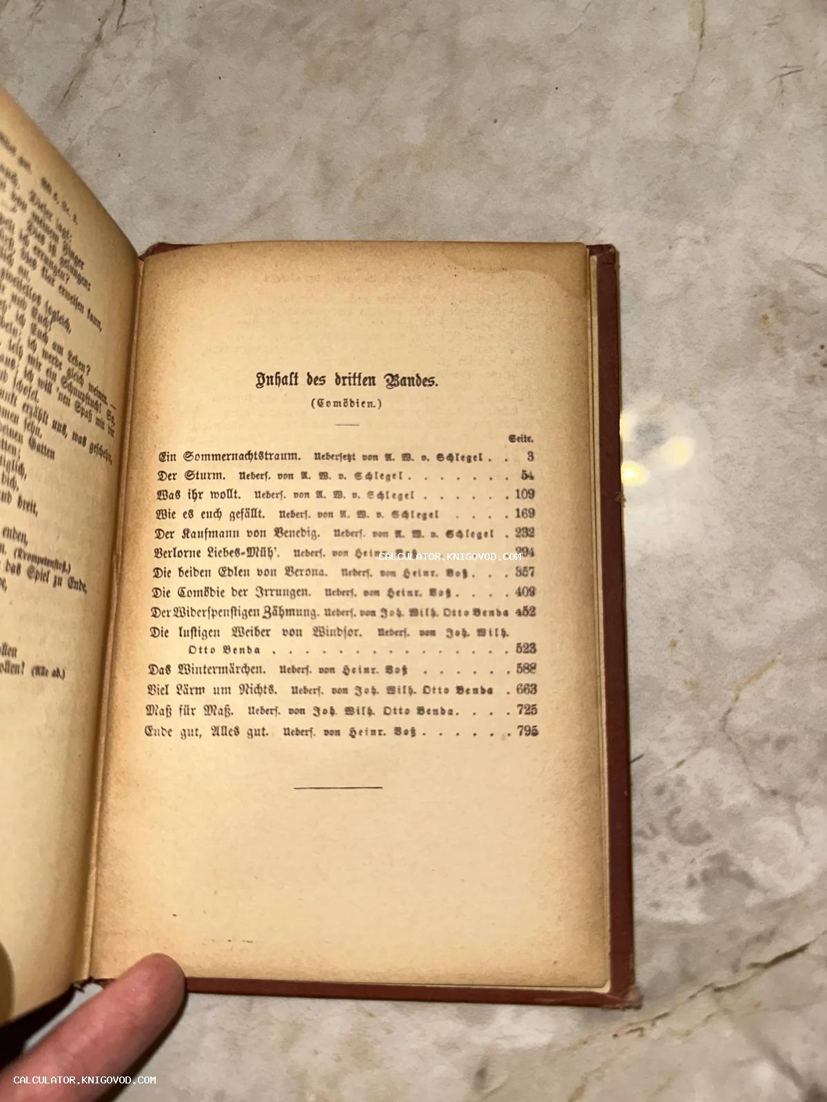 Страница оглавления старинной антикварной книги с готическим шрифтом, содержащая список комедий Шекспира.