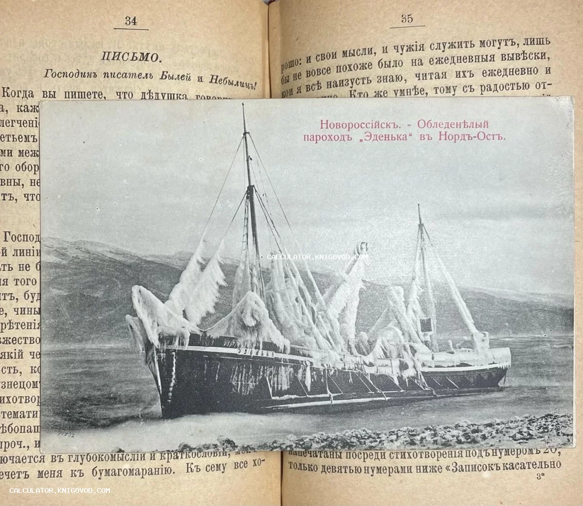 Старинная черно-белая открытка, изображающая пароход Эденька, полностью покрытый льдом в Новороссийской бухте, лежащая на страницах антикварной книги.