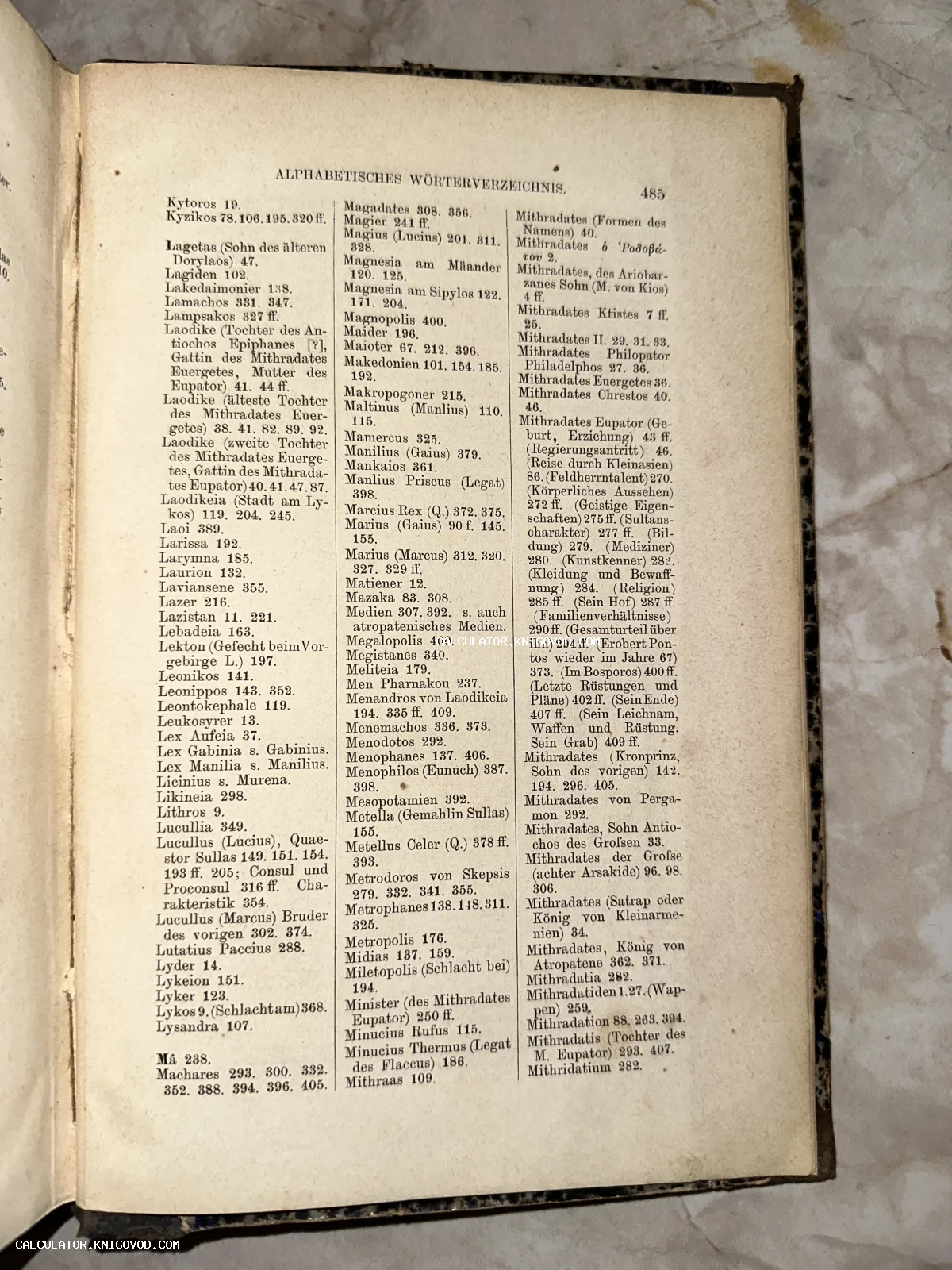 Крупный план страницы 485 из старинной немецкой книги с алфавитным указателем имен и местностей.