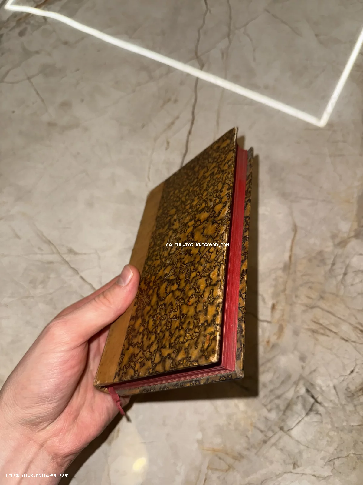 Старинная книга с желто-коричневой мраморной обложкой и красным обрезом страниц в руке человека.