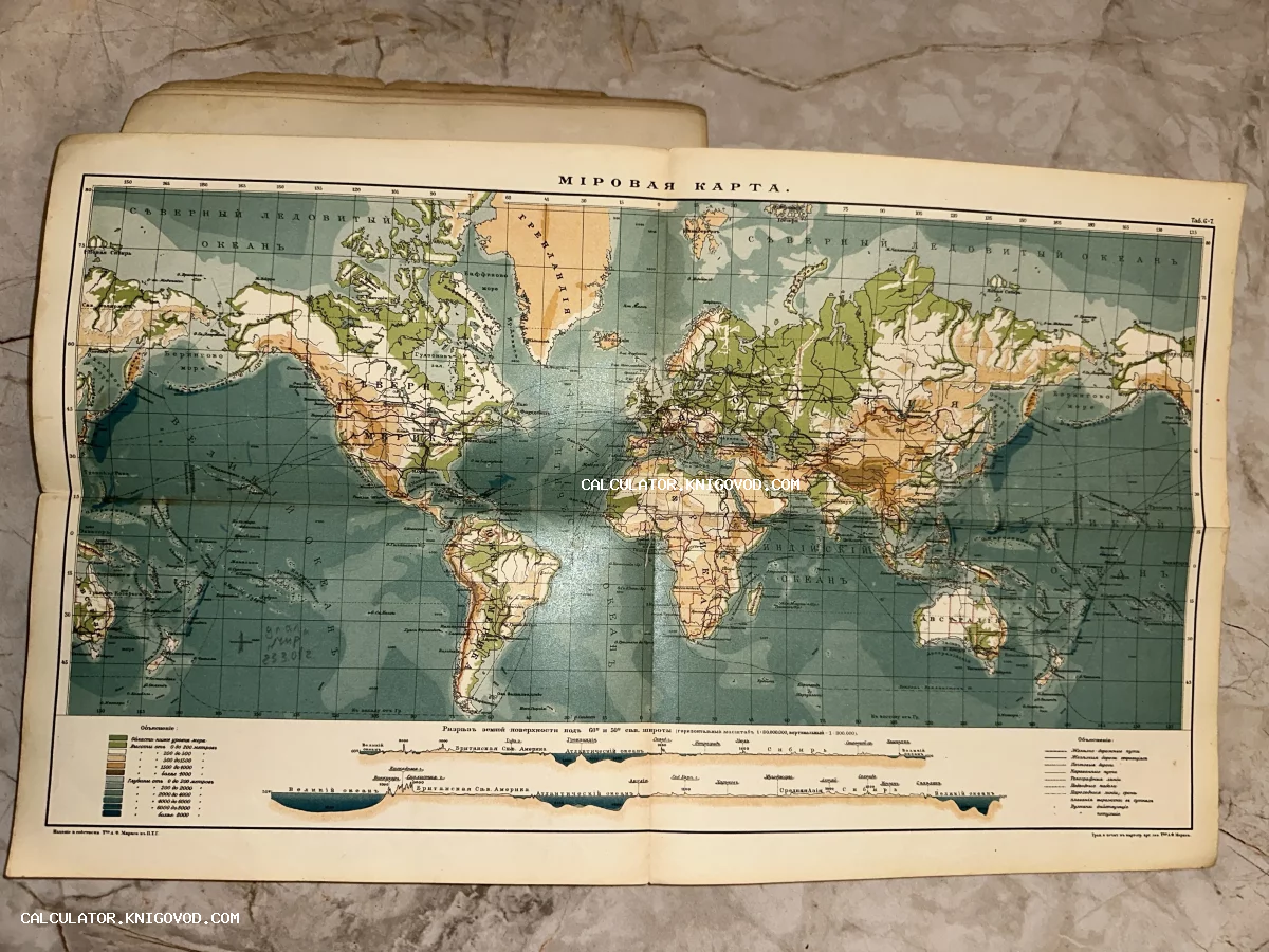 Разворот старинной физической карты мира на русском языке с дореволюционной орфографией, видны рельеф и течения.