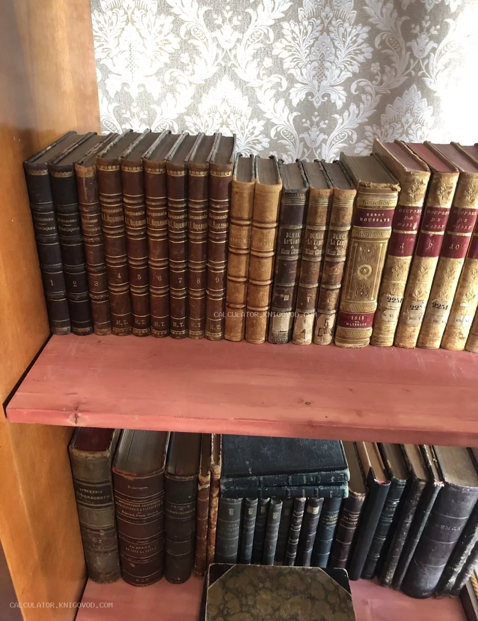 Старинные книги с золотым тиснением на деревянных полках, включая собрание сочинений В. Г. Короленко и французские издания Дюма.