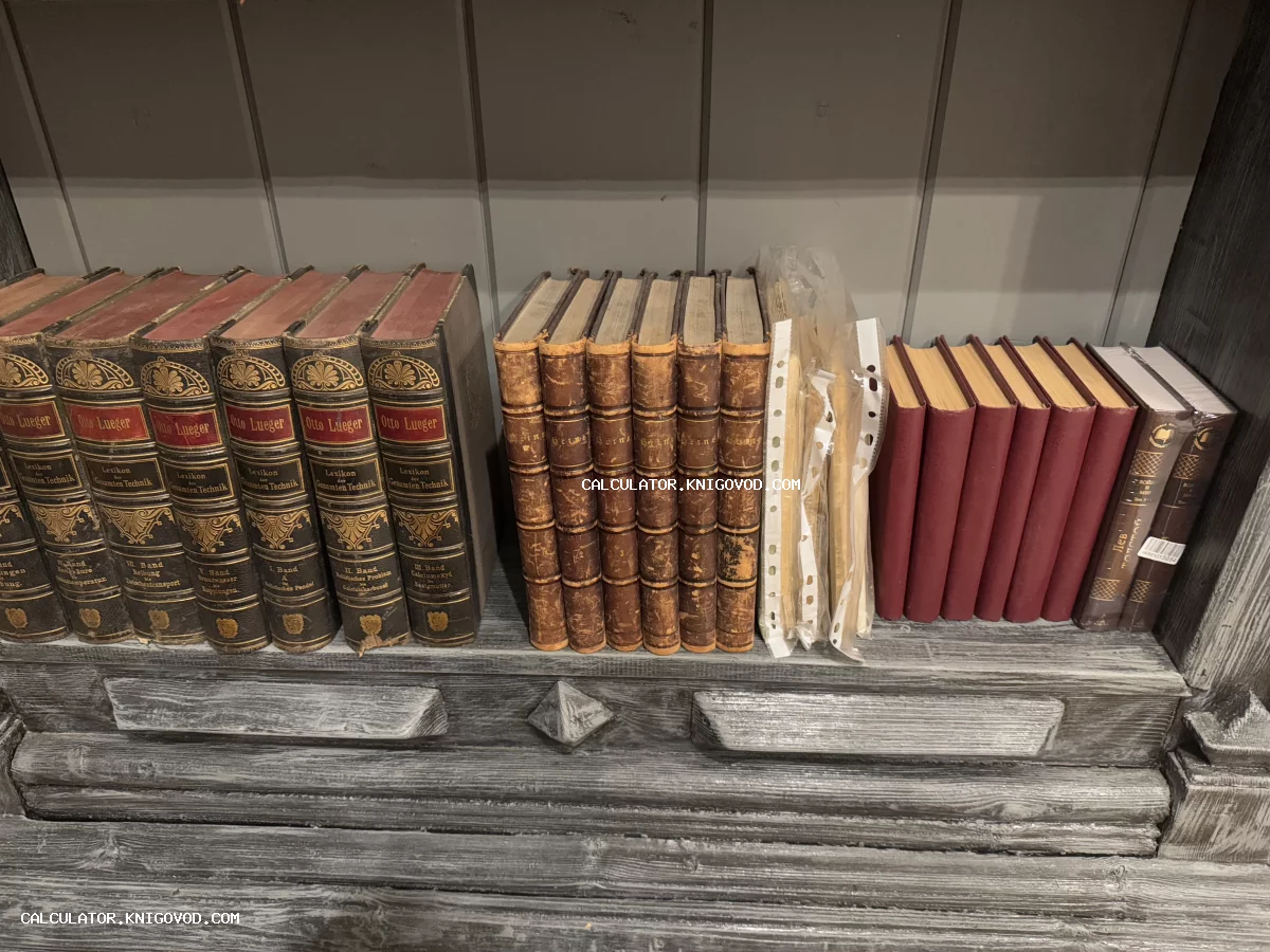 Ряд старинных книг с золотым тиснением на деревянной полке, включая энциклопедию Отто Люгера.