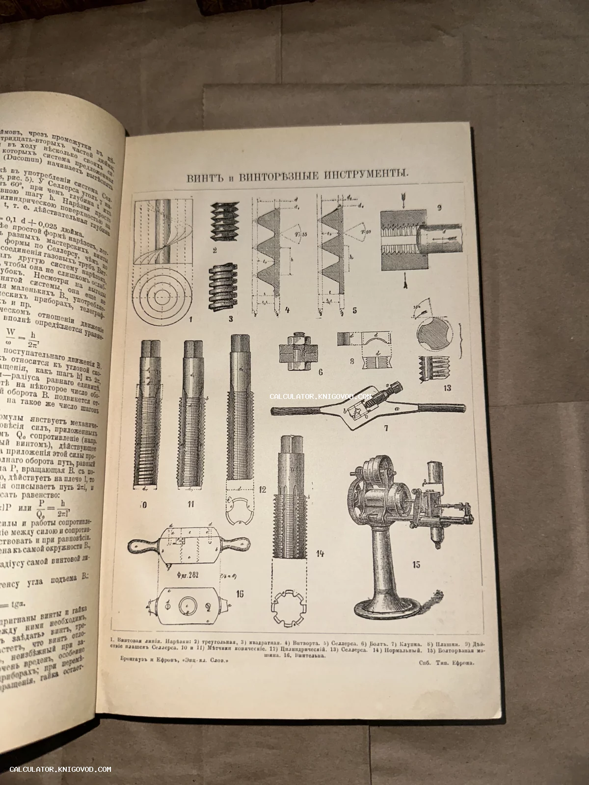 Страница антикварной энциклопедии с чертежами различных типов винтов и инструментов для нарезки резьбы.